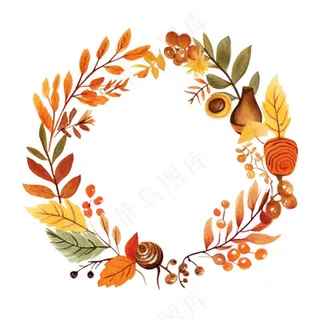 枫叶落叶树叶简约秋天圆形边框水彩画插画免抠