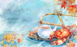 金秋螃蟹红枫叶茶壶水面涟漪中秋重阳秋分寒露水墨水彩插画背景