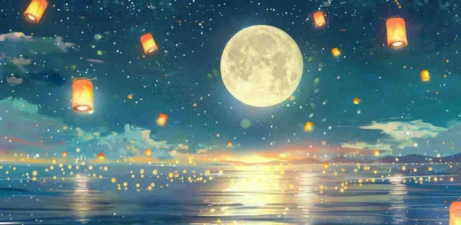 月亮中秋节河灯中元节风景唯美插画背景 月亮中秋节河灯中元节风景唯美插画背景