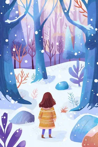 冬天女孩走进白雪下的森林紫色冬至大雪卡通插画背景