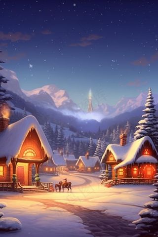 雪景夜晚小屋圣诞雪路背景