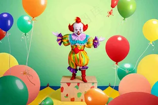 小丑搞怪马戏团游乐园气球彩带庆祝卡通插画背景