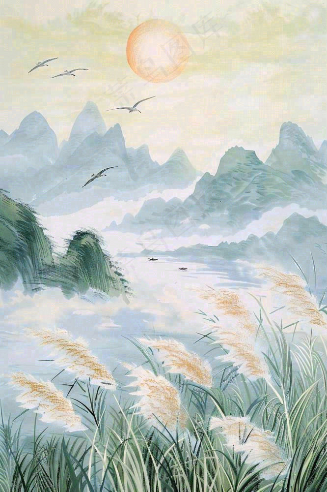 山水水墨芦苇白鹭古风白露寒露处暑插画水彩画背景