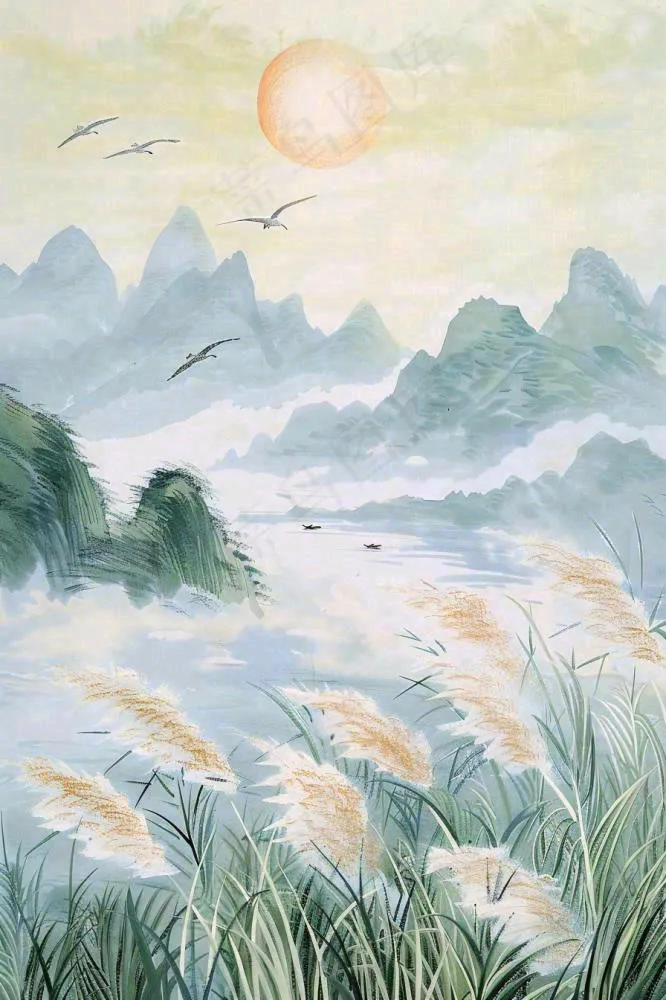 山水水墨芦苇白鹭古风白露寒露处暑插画水彩画背景(896x1344)