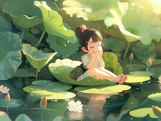 夏日清凉唯美荷花荷叶飘在水面孩童坐在荷叶上吃莲藕小暑立夏夏至大暑卡通插画处暑清凉背景