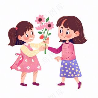 母亲节送花孩子给妈妈送花亲情人物卡通插画免抠