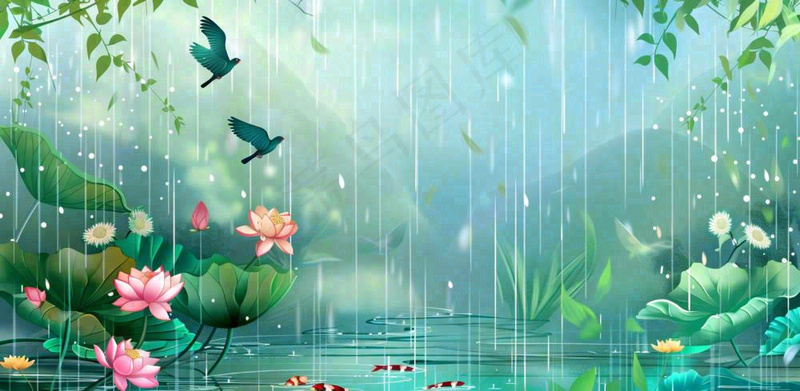 春天梅雨时节春暖花开燕子雨水谷雨惊蛰插画背景(1568x768)