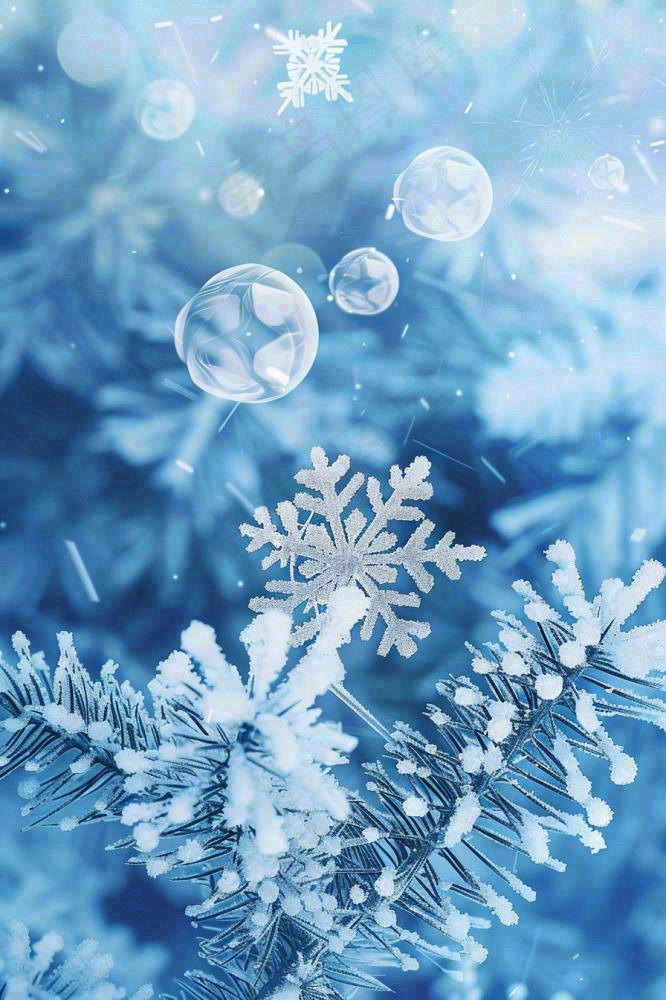 冬天松树雾凇雪花蓝白寒冷立冬冬至大雪小雪背景