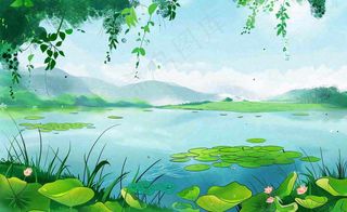 春夏风景湖泊荷花柳树立夏小暑夏至插画背景
