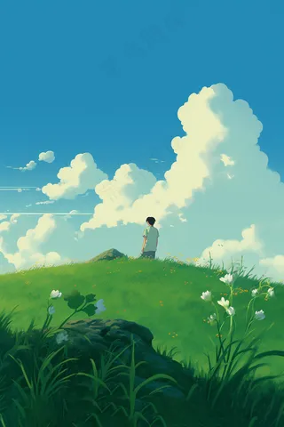 蓝天白云天空之境男孩随风卡通插画背景