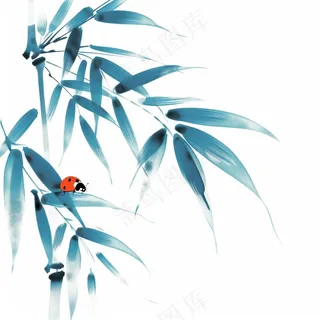 竹叶上的昆虫翠蓝水墨中国风插画免抠