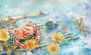 金秋螃蟹红枫叶茶壶水面涟漪中秋重阳秋分寒露水墨水彩插画背景