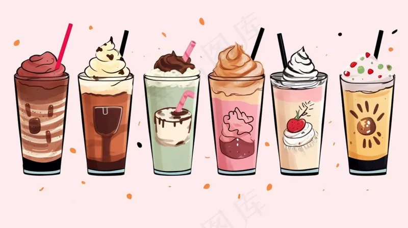 夏日奶茶果茶饮料冰饮卡通插画背景(4368x2448)