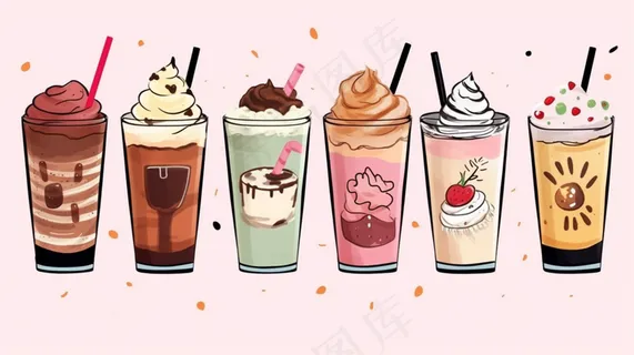 夏日奶茶果茶饮料冰饮卡通插画背景