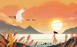 秋天夕阳下山水飞鹤女孩芦苇白露寒露插画背景