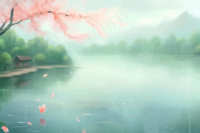 江南水乡雨水春天水墨画插画背景(4032x2688)