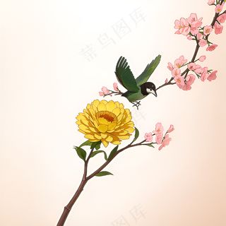 白色黄色手绘新中式风格花植物147