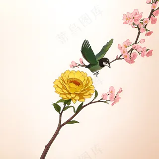 白色黄色手绘新中式风格花植物147