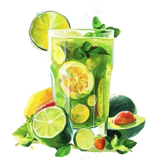 青柠檬茶果汁汽水饮料卡通插画免抠