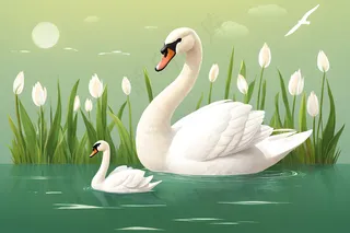 春天湖面天鹅平面插画图片