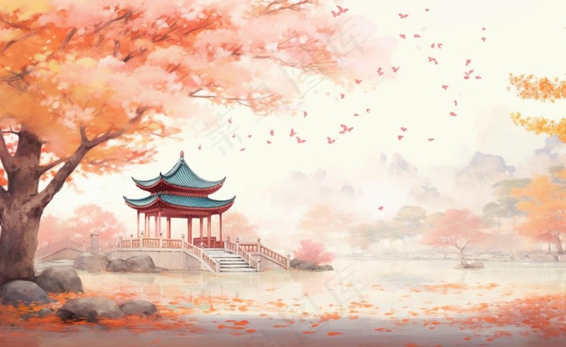 秋季枫叶晚亭山水湖面倒影美景中国风水墨画插画背景(1408x864)