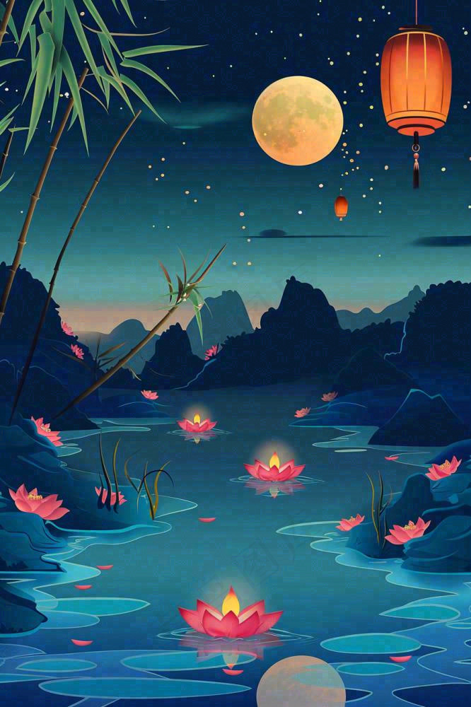 月圆之夜湖面莲花灯祈福星空中秋中元节插画背景(896x1344)