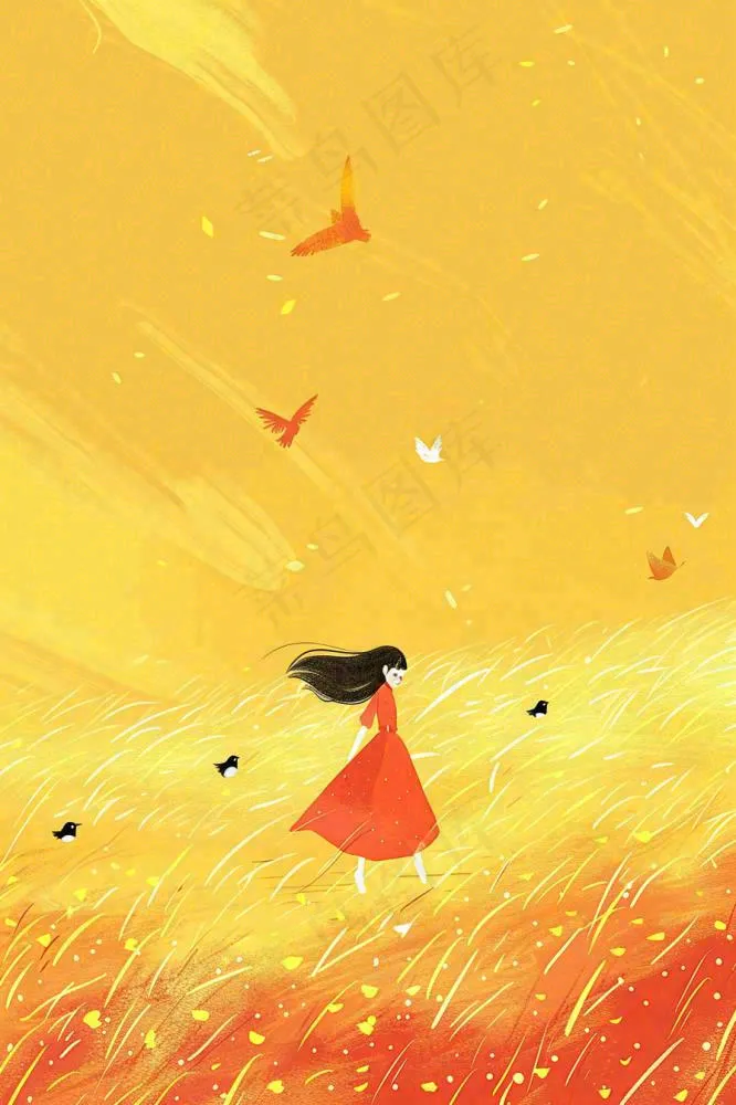 秋天金黄背景花丛红裙子少女白鹭立秋秋分白露插画背景(896x1344)