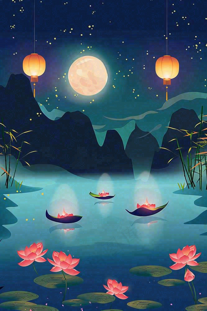 月圆之夜湖面莲花灯祈福星空中秋中元节插画背景(896x1344)