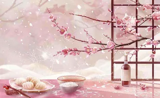 古风冬天冬至新年春节梅花饺子包子酒壶美食植物雪景立冬小雪山水风景插画