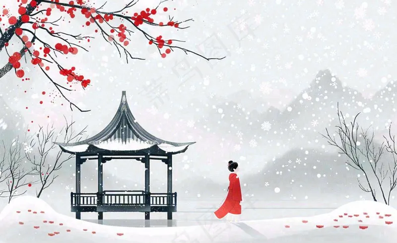 古风冬天雪景红衣女孩梅花雪地里的凉亭大雪小雪冬至中国风插画背景(1408x864)