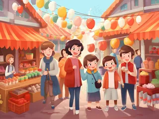 新年春节逛集市逛街热闹买年货喜庆卡通插画背景