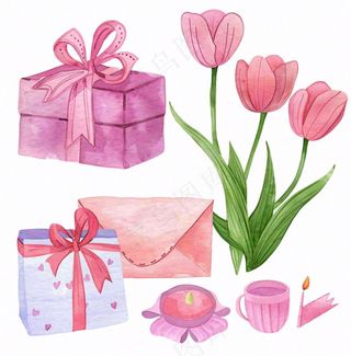 礼物礼盒鲜花郁金香信封水彩画插画免抠