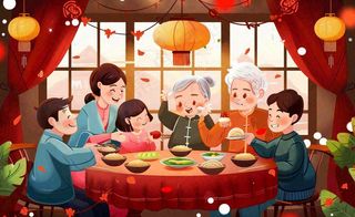 新年春节除夕夜一家人团圆饭节日团聚温馨温暖卡通插画背景