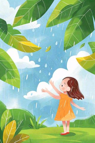 下雨天巨大绿植下的女孩躲雨玩耍雨水谷雨春天卡通插画背景