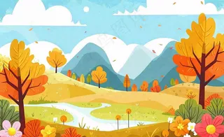 秋天金黄的森林山坡树木落叶蓝天白云立秋秋分处暑卡通插画背景