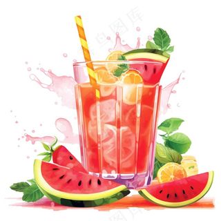西瓜汁冰镇饮料水果茶卡通插画插图免抠