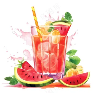 西瓜汁冰镇饮料水果茶卡通插画插图免抠