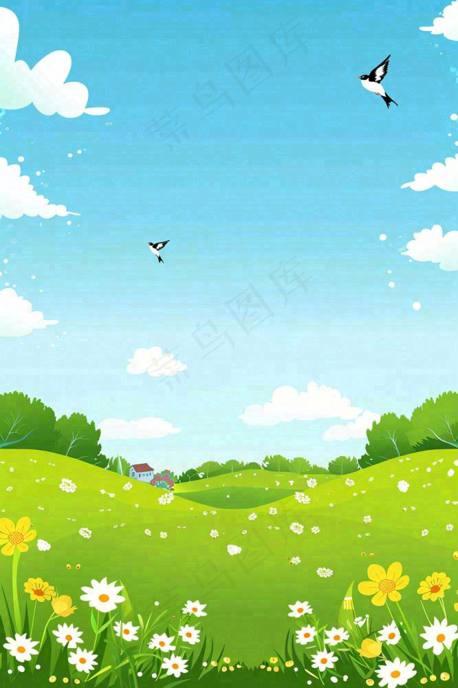 春天绿草地蓝天白云立春春分惊蛰小满卡通插画背景