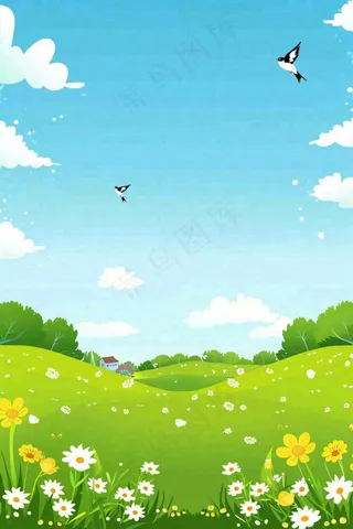 春天绿草地蓝天白云立春春分惊蛰小满卡通插画背景