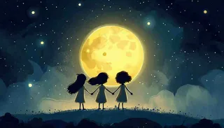 中秋满月小孩手拉手赏月治愈梦幻唯美月亮夜晚水彩插画背景