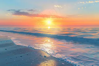 海上日出朝霞云层沙滩海浪摄影图