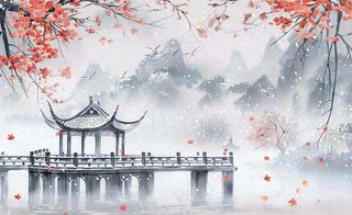 冬天雪景梅花水中凉亭雪花飘落冬至立冬古风小雪大雪手绘水墨国画插画背景