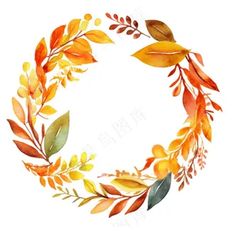 枫叶落叶树叶简约秋天圆形边框水彩画插画免抠