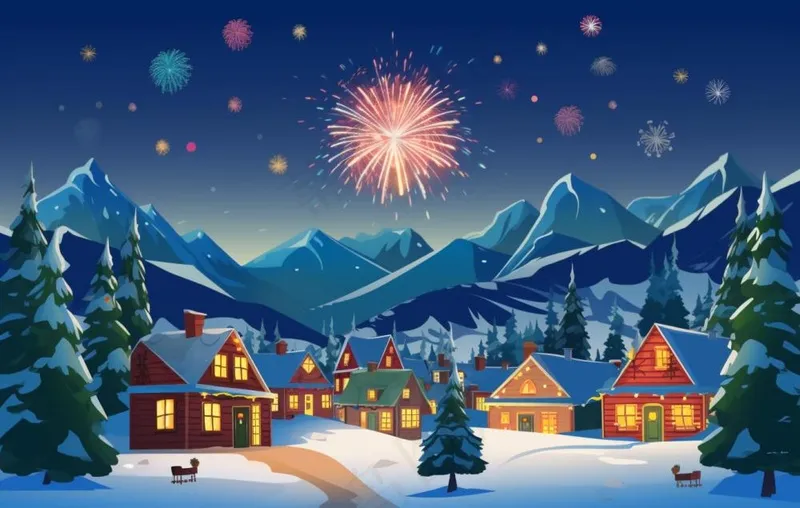 冬季雪天圣诞小镇烟花夜晚节日氛围卡通插画背景(1360x864)