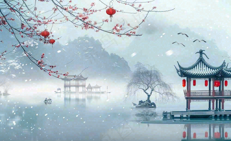 冬天雪景江南风景梅花枝头凉亭红灯笼寒露小雪冬至立冬卡通插画背景