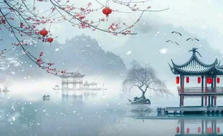 冬天雪景江南风景梅花枝头凉亭红灯笼寒露小雪冬至立冬卡通插画背景