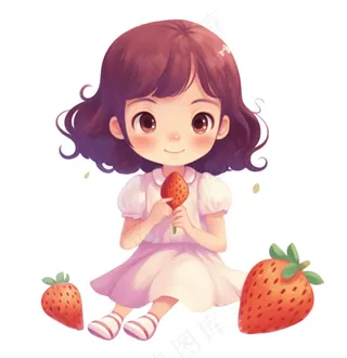 少女拿着草莓紫色衣裙美丽可爱人物卡通插画免抠