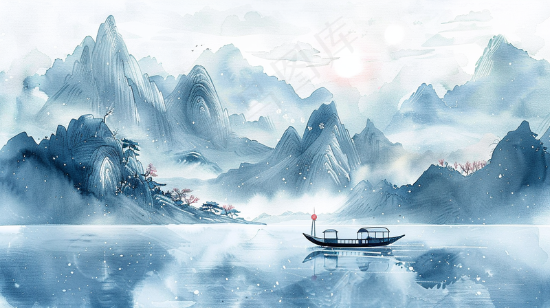 水墨山水画小船河面山川连绵国画插画背景(4368x2448)