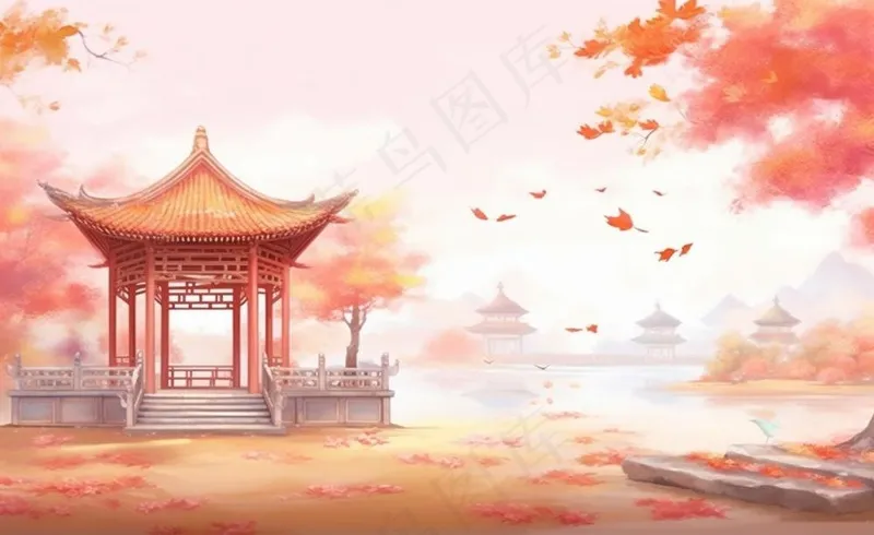 秋季枫叶晚亭山水湖面倒影美景中国风水墨画插画背景(1408x864)