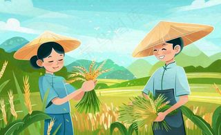 世界粮食日芒种秋收稻田麦子农民天空小满创意手绘卡通插画背景